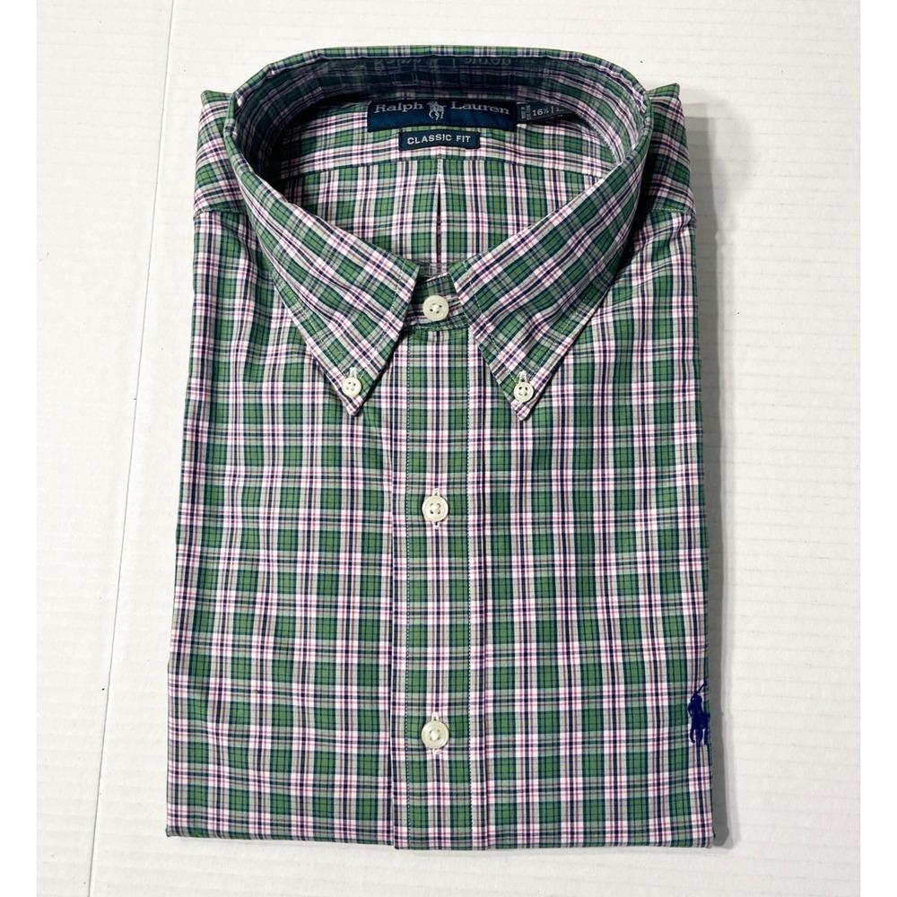 NWT Ralph Lauren Button Down Shirt Mens 16.5 LRG Green Pink Plaid Classic Fit